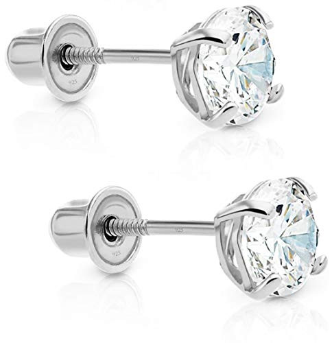 Sterling Silver Cubic Zirconia Basket-set Solitaire CZ Stud Earrings with Screw Backs -6mm-