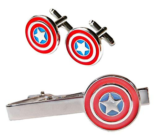 Captain America Silvertone/Enamel Tie Clip  and  Cufflinks Set
