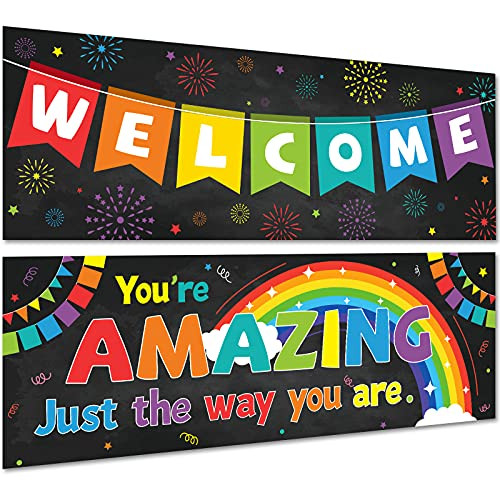 2 Pack Motivational Classroom Decorations Welcome Banner Posters for Teachers, Positive/Inspirational/Growth Mindset Banner for Students, Bulletin Board/Wall Decor for Elementary/Preschool
