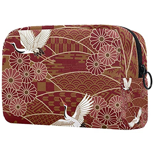 Women Makeup Bag,Cosmetic Storage Bag Crane with floral red background for Travel,Cosmetics Organizer Women Makeup Bag,Cosmetic Storage Bag Crane with floral red background for Travel,Cosmetics Organizer