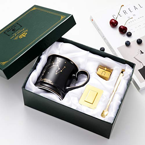 Tilany Ceramic Coffee Mug With Constellation Sagittarius- Black Tea Mugs With Golden Spoon and Tea Infuser - Large Porcelain Cups - Coffee Pottery Cup With Zodiac Sign - 13.5oz Cup Gift Set Tilany Ceramic Coffee Mug With Constellation Sagittarius- Black Tea Mugs With Golden Spoon and Tea Infuser - Large Porcelain Cups - Coffee Pottery Cup With Zodiac Sign - 13.5oz Cup Gift Set