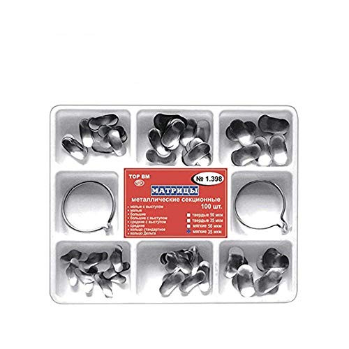 100pcs Dental Matrix Sectional Contoured Metal Matrices Full Kit with 2pcs Ring for Teeth Replacement
