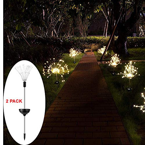 Outdoor Solar Garden Lights 2 Pack Solar Powered Decorative Stake Landscape Light DIY Flowers Fireworks Stars for Walkway Pathway Backyard Christmas Party Decor