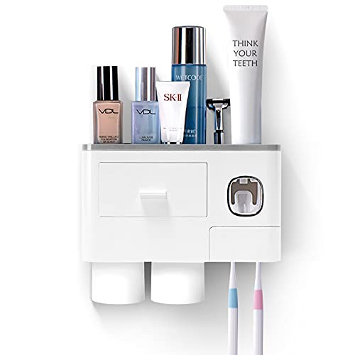 Toothbrush Holder, Wall Mounted Toothpaste Squeezer Kit with Automatic Toothpaste Dispenser,6Toothbrush Slots,2 Cups and Drawers Cosmetic Organizer for Bathroom and Washroom Toothbrush Holder, Wall Mounted Toothpaste Squeezer Kit with Automatic Toothpaste Dispenser,6Toothbrush Slots,2 Cups and Drawers Cosmetic Organizer for Bathroom and Washroom