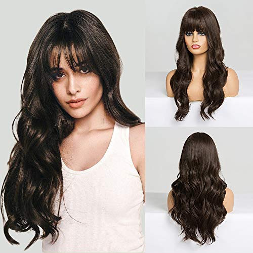 piaou Dark Brown Wig with Bangs Long Wavy Wigs for Women Brunette Wigs with Bangs Heat Resistant Natural Wavy Synthetic Brown Wigs for Daily Party Cosplay -Dark Brown-