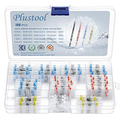 150PCS Solder Seal Wire Connectors, Plustool Solder Seal Butt Connectors Heat Shrink Solder Wire Connectors Electrical Insulated Marine Waterproof Wire Terminals