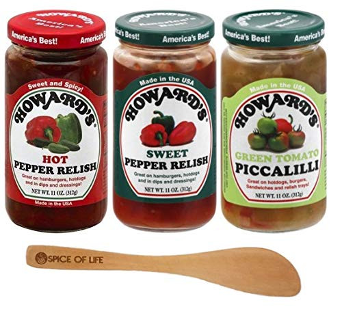 Howard's Hot Pepper Relish, Sweet Pepper Relish, and Green Tomato Picalilli, 11 Ounce -Pack of 3- - with Spice of Life Spreader