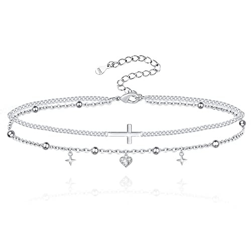 Anklet for Women Sterling Silver Adjustable Foot Ankle Bracelet Double Layer Heart Charm Anklets Jewelry Gifts for Women Girls Anklet for Women Sterling Silver Adjustable Foot Ankle Bracelet Double Layer Heart Charm Anklets Jewelry Gifts for Women Girls