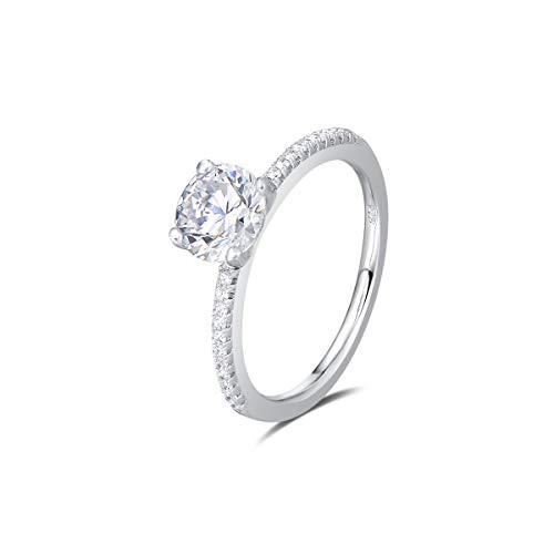 Agvana Wedding Engagement Promise Ring Rhodium Plated 925 Sterling Silver Solitaire Round Brilliant Cut Cubic Zirconia CZ Four Prongs Design Jewelry for Wife Lover Girlfriend Her, Size 6