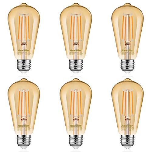 Ascher Vintage LED Edison Bulbs 6W, Equivalent 60W, Amber Warm 2300K, 700 Lumens, Antique Style ST58 LED Filament Bulbs, E26 Base, Non-Dimmable, 6 Packs