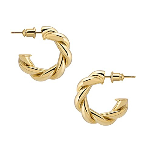 Wowshow Gold Hoop Earrings 14k Gold Plated Twisted Rope Round Chunky Hoop Earrings Gift for Women 20mm