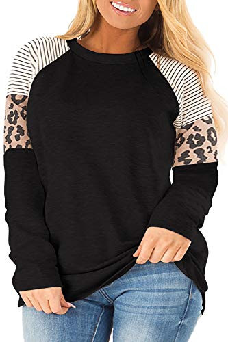 LANREMON Plus Size Tops Women Leopard Printed Long Sleeve Top Crewneck Color Block Tunic T Shirts Blouse Black 26plus