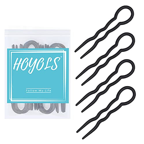 Hoyols 12 pcs 3.5 inch French Style Hair Pins, Small French Hair Fork, Wavy Crink Hair Pin U Shaped Hair Sticks Cellulose Acetate Chignon Updo Bun cover Holder Sleek Set for Women Styling Accessories Black