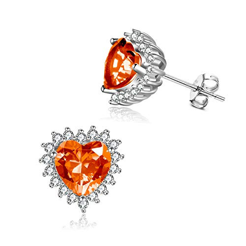 POPKIMI Sterling Silver Birthstone Earrings for Women Girls Heart Shape Stud Earrings July Birthstone Earrings Jewelry Birthday Gift -07-Orange-