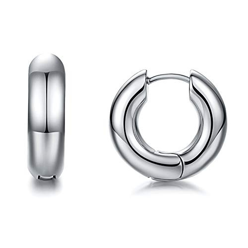 Small Chunky Gold Hoop Earrings, 14K Gold Plated Tiny Thick Chunky Huggie Hoop Earrings for Women and Girls -Round Silver-