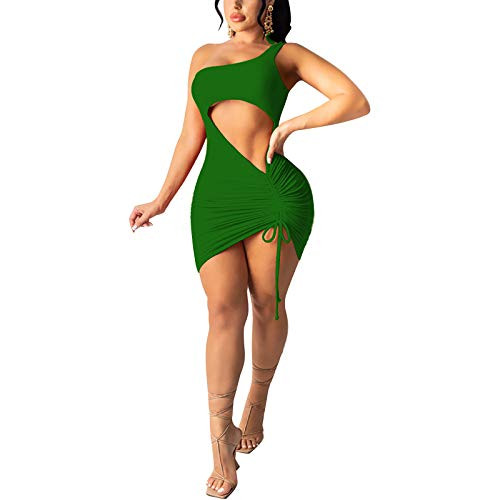 Women Sexy One Shoulder Dress Sleeveless Cutout Ruched Bodycon Drawsting Dress Mini Club Dress Green L