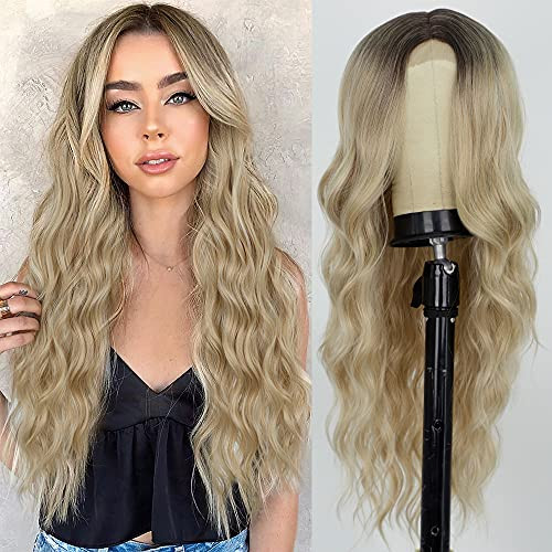 Lativ Long Wavy Wig Ombre Blonde Wigs For Women Middle Part Curly Synthetic Hair Natural Looking Heat Resistant Fiber For Daily Party Use