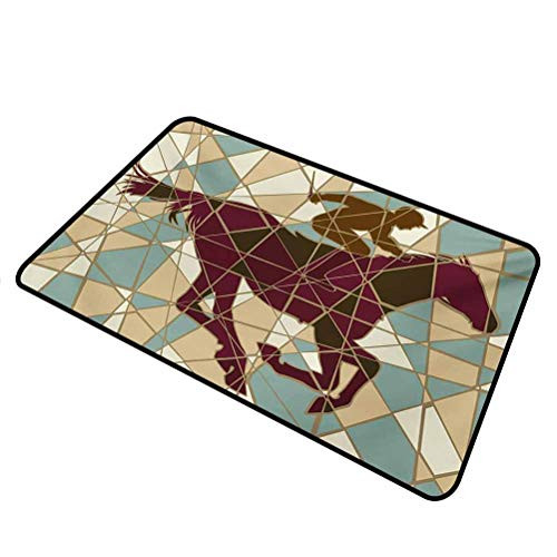 shirlyhome Printed Doormat Mosaic for Entrance Way Outdoors Funny Running Stable Racehorse and Silhouettes on Pieced Background Rectangle 15 x 24 inch Purple Pale Brown Teal