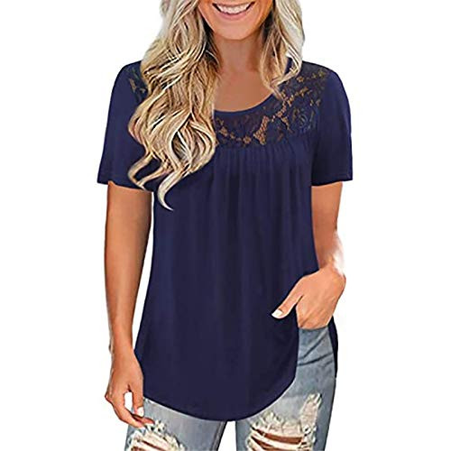 Womens Summer Tops,Women Casual T-Shirt O-Neck Shirts Lace Solid Tops Short Sleeve Blouse Shirts Navy