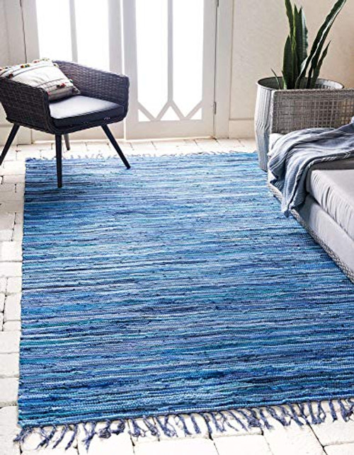 Unique Loom Chindi Cotton Collection Hand Woven Natural Fibers Area Rug, 2 Feet 2 Inch x 3 Feet, Navy Blue/Ivory