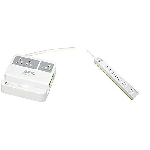APC 3-Outlet Surge Protector 1080 Joule with 3 USB Charging Ports, SurgeArrest Essential -P3U3-  and  Power Strip Surge Protector, APC PE76W, 1440 Joule, Flat Plug, 7 Outlet Strip