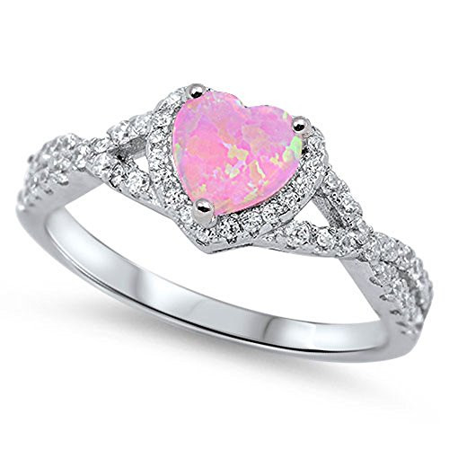 Pink Simulated Opal Halo Heart Promise Ring .925 Sterling Silver Knot Band Size 6
