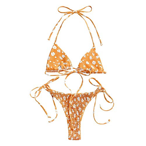 Women Push Up Floral Print Smocked String Bikini Set Two Piece Swimsuit Swimwear Halter Triangle Bathing Suits Orange