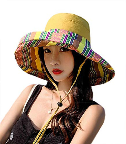 Sun Hat Women Wide Brim Packable Reversible UPF 50 UV Sun Protection Cotton Bohemian Bucket Hat Beach Cap Summer Yellow Sun Hat Women Wide Brim Packable Reversible UPF 50 UV Sun Protection Cotton Bohemian Bucket Hat Beach Cap Summer Yellow