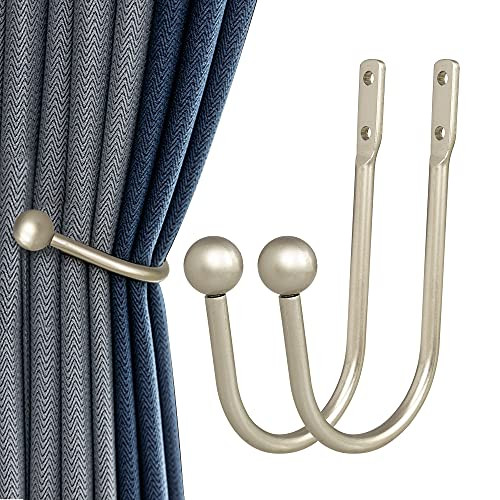 Curtain Holdback, 2pcs Wall Mounted Drapery Tiebacks with Screws, Heavy Duty Metal Decorative Window Drapery Holder Curtain Hook, Silver
