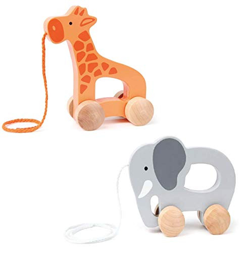 Hape Elephant & Giraffe Wooden Push and Pull Walk Along Toys - Montessori Friendly Unisex Learning Toys for Toddlers