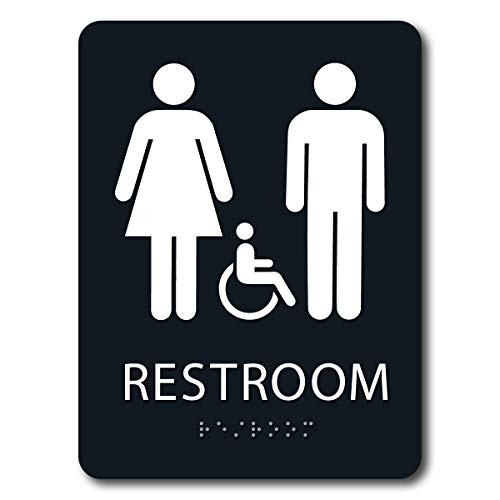 ADA Braille Unisex Handicap Restroom Sign - 6" x 8" -Black-
