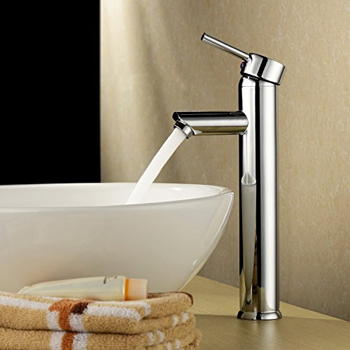 B&Y® Single Handle Contemporary Bathroom Lavatory Vanity Vessel Sink Faucet Tall Spout Deck Mount Mixer Taps Unique Designer Plumbing Fixtures Single Hole?Chrome Finish