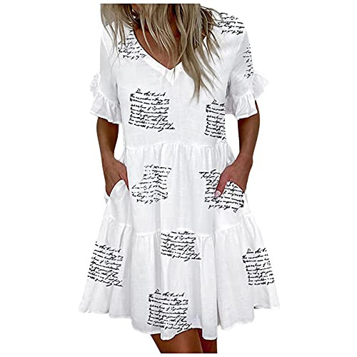 WYTong Women's Petite Dresses Summer V-Neck Fashion Pleated Ruffles Mini Beach Dress Casual Short Sleeve Dresses-White,XX-Large-