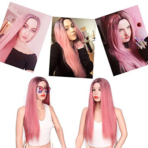 ZiQe Ombre Pink Dark Roots Long Straight Wigs For Women Cheap Middle Part Pink Synthetic Wig Cosplay Heat Resistant 24 Inch