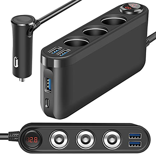 ?2021 Upgraded? Electop Quick Charge 3.0 Car Cigarette Lighter Splitter Adapter 3 Socket USB C Car Fast Charger, 12V 24V 120W 240W High Power DC Outlets Car Splitter with LED Voltmeter Switch