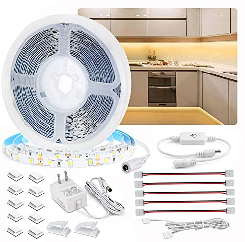 SCQiKJ Under Cabinet Lighting, 16.4ft DIY LED Under Cabinet Lighting Strip Kit, Touch Dimmable Control for Kitchen Counter Shelf Showcase Wardrobe LED Light, Warm White 3000K