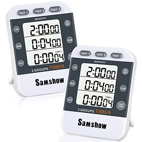Digital Kitchen Timer for Cooking, Samshow Triple Timer for Kids, Egg Timer, Count UP/Down Dual Timer, Large LCD Display, Adjustable Volume Loud Alarm, Magnetic Stopwatch Timer for Classroom 2 Pack