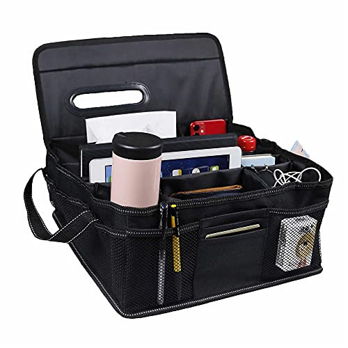 Hzeal Car Trunk Organizer, Heavy Duty Collapsible Auto Trunk Storage Organizer Durable Multi Compartments Car Cargo Storage Box with Securing Straps, Non Slip Bottom -Black-