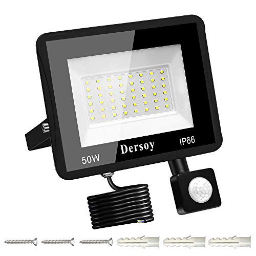 Dersoy 50W PIR Induction Flood Light Outdoor, Motion Sensor Flood Light Outdoor, 3600LM IP66 Waterproof Flood Light, Outdoor Motion Sensor Light, LED Security Light with 1.5M Cable for Driveway/Path