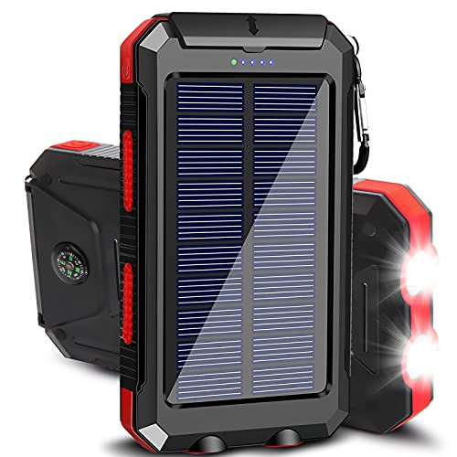Solar Charger 20000mAh Portable Outdoor Waterproof Solar Power Bank, Camping External Backup Battery Pack Dual 5V USB Ports Output, 2 Led Light Flashlight with Compass -Red- Solar Charger 20000mAh Portable Outdoor Waterproof Solar Power Bank, Camping External Backup Battery Pack Dual 5V USB Ports Output, 2 Led Light Flashlight with Compass -Red-