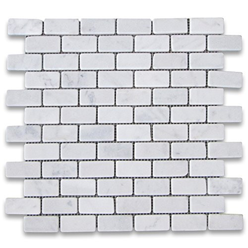 Stone Center Online Carrara White Marble 1x2 Medium Brick Mosaic Tile Tumbled for Kitchen Backsplash Bathroom Flooring Shower Surround Dining Room Entryway Corrido Spa -1 Sheet-