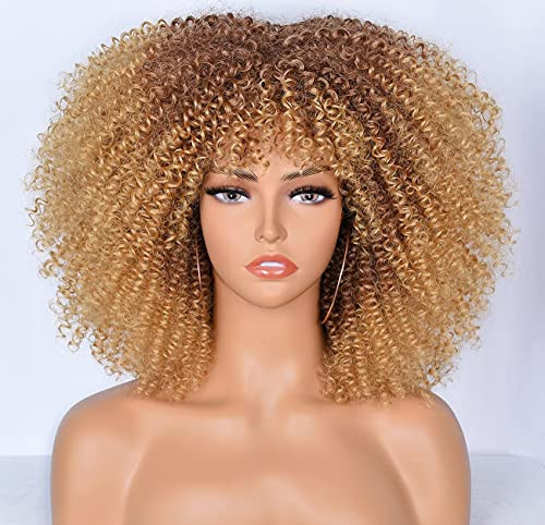 Curly Afro Wig with Bangs for Black Women Short Kinky Curly Wig 14inch Synthetic Heat Resistant Ombre Red Full Wigs -Mixed Blonde-