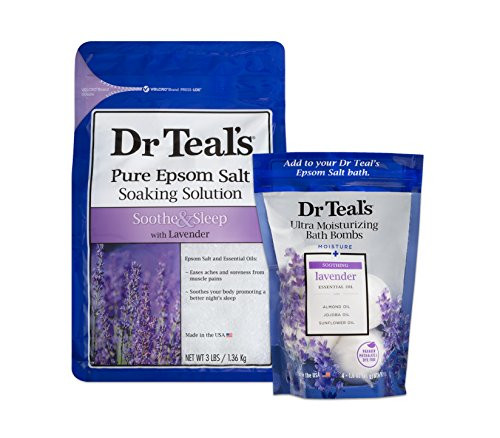 Dr Teal's Epsom Salt Soaking Solution and Ultra Moisturizing Bath Bombs with Pure Epsom Salt, Lavender, 3lb Bags, and 4 Count Bag