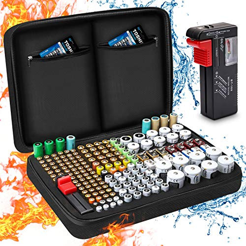 Keenstone Battery Organizer Storage Box, Fireproof Waterproof Explosionproof Battery Carrying Case, Holds 199 Batteries AA AAA C D 9V 18650, Battery Storage Bag with Tester -Batteries Not Included-