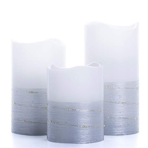 Flickering Flameless Candles Ivory Real Wax Pillar with Embedded String Lights H-BLOSSOM LED Candles Battery Operated with Cycling 5H Timer Set of 3 -3" x 4"/5"/6"- -Silver-