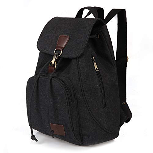 Canvas Rucksack Vintage Leather Bookbag, Durable Travel Laptops Backpack Hiking Backpack Travel Rucksack School College Bag -Black-