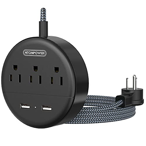 NTONPOWER 10 FT Braided Extension Cord Power Strip with USB, Wall Mount Power Strip Flat Plug with 3 Outlets 2 USB Ports, Compact Nightstand Desktop Charging Station Home Office Dorm Essentials, Black