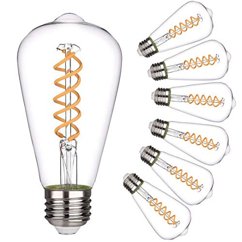 Vintage LED Edison Bulb,Warm White 2700K, Antique Style Flexible Spiral LED Filament Light Bulb, 8W Equivalent to 80W, ST19-ST64- Dimmable 800LM E26 Medium Base, Clear Glass -8W-2700K-6Pack-