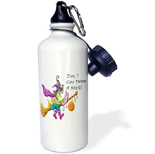 3dRose Cute Witch Flying Her Groom Says Yes I Can Drive A Stick in Black-Sports Water Bottle, 21oz (wb_216808_1), 21 oz Multicolor