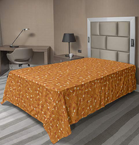 Lunarable Dog Bone Flat Sheet, Pattern with Paw Prints Bones and Hearts Veterinary Theme, Soft Comfortable Top Sheet Decorative Bedding 1 Piece, Twin Size, Burnt Orange Marigold